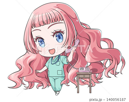 受話器を持って話すピンク髪の研修医。日本のアニメ風のちびキャラ。楽しそうな少女 140056187