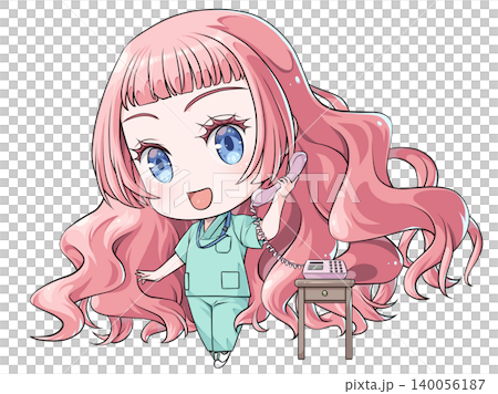 受話器を持って話すピンク髪の研修医。日本のアニメ風のちびキャラ。楽しそうな少女 140056187