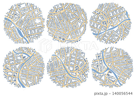 Set of six abstract city map circles featuring detailed urban street plans and river flows. Vector illustration. 140056544
