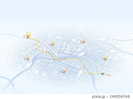 Light isometric city map with orange navigation route and yellow location pins. 3D town plan with river and tracking path. Vector illustration. 140056548