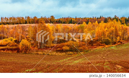 Autumn landscape showcasing vibrant foliage in a rural setting 140056634