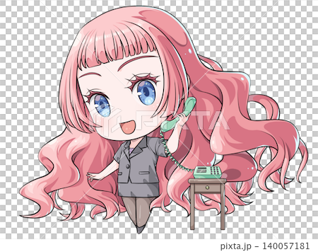 A pink-haired office worker holding the phone receiver and talking. A chibi character in the style of Japanese anime. A cheerful-looking girl. A pink-haired office worker holding the phone receiver and talking. A chibi character in the style of Japanese anime. A cheerful-looking girl. 140057181