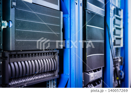 cluster of data storage SSD hard drives inside server rack 140057269