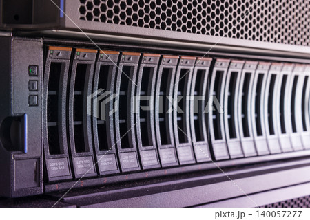 Array of data storage hard drives in internet data center 140057277