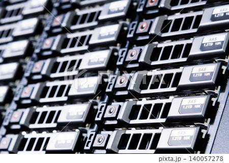 Array of data storage hard drives in internet data center 140057278