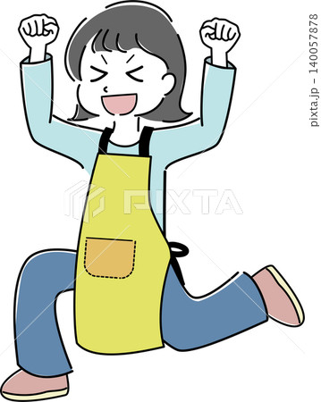 ガッツポーズをして喜ぶエプロン姿の女性の全身イラスト (主婦・仕事・かけ足・ジャンプ) ガッツポーズをして喜ぶエプロン姿の女性の全身イラスト (主婦・仕事・かけ足・ジャンプ) 140057878