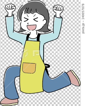 A full-body illustration of a woman in an apron making a victory pose (housewife, working, running, jumping). A full-body illustration of a woman in an apron making a victory pose (housewife, working, running, jumping). 140057878