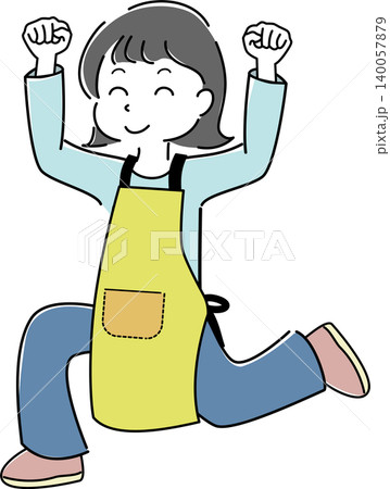 ガッツポーズをして微笑むエプロン姿の女性の全身イラスト (主婦・仕事・かけ足・ジャンプ) ガッツポーズをして微笑むエプロン姿の女性の全身イラスト (主婦・仕事・かけ足・ジャンプ) 140057879