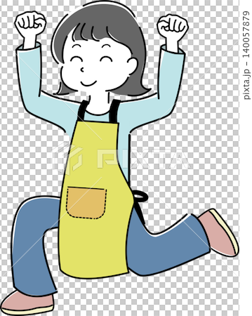 A full-body illustration of a woman in an apron, smiling and making a victory pose (housewife, working, running, jumping). A full-body illustration of a woman in an apron, smiling and making a victory pose (housewife, working, running, jumping). 140057879
