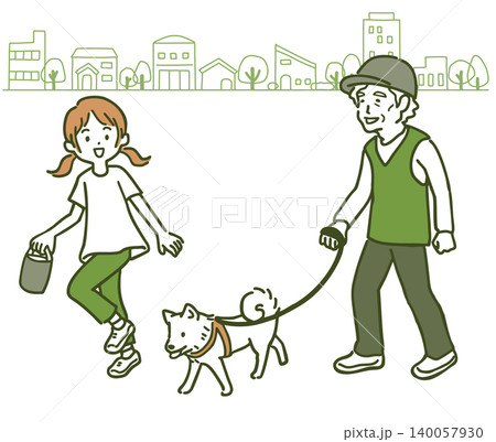 犬の散歩をするシニア男性と女の子　公園の背景があるアースカラーのイラスト 140057930