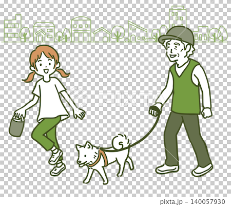 An earth-toned illustration of a senior man walking his dog with a young girl against a park background. 140057930