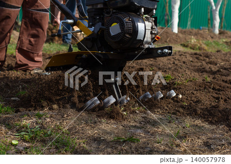 Man actively cultivating garden soil with a walk-behind tractor, preparing the field for planting, showcasing agricultural work and spring gardening tasks. Man actively cultivating garden soil with a walk-behind tractor, preparing the field for planting, showcasing agricultural work and spring gardening tasks. 140057978