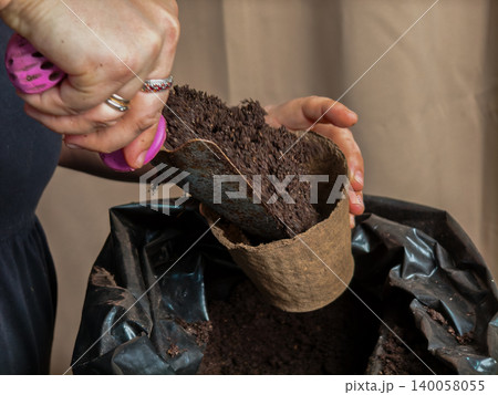 A woman's hands fill an organic, biodegradable peat pot with rich brown potting soil, preparing a seedling for transplanting - eco-friendly gardening, nurturing new life and growth.. 140058055