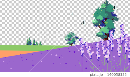 ラベンダー畑と木々が広がる爽やかな丘のベクターイラスト ラベンダー畑と木々が広がる爽やかな丘のベクターイラスト 140058323