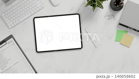 Office desk table with computer, cup of coffee and supplies with empty screen tablet, Top view with copy space, flat lay 3D rendering. Office desk table with computer, cup of coffee and supplies with empty screen tablet, Top view with copy space, flat lay 3D rendering. 140058602