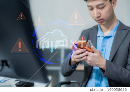 Businessman is using a smartphone to access the cloud computing system, Storage and data transfer Cloud network, Cloud technology. Businessman is using a smartphone to access the cloud computing system, Storage and data transfer Cloud network, Cloud technology. 140058626