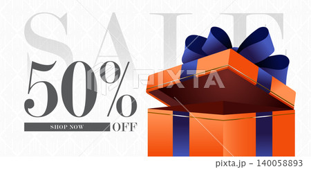 Sale Banner with Open Orange Gift Box Sale Banner with Open Orange Gift Box 140058893