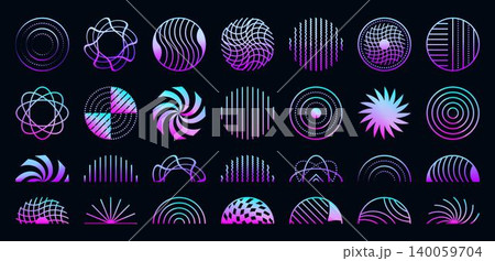 Y2K neon festive violet set of circles and semicircles. Futuristic cyberpunk purple ultra acid vector radial shapes, gradient rave aesthetic sign collection 140059704