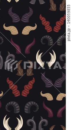 Vector seamless pattern with various devil and animal horns on dark background. Occult texture with magical fantasy horns Vector seamless pattern with various devil and animal horns on dark background. Occult texture with magical fantasy horns 140059855