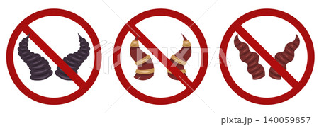 Vector set of forbidden sign with devil horns. Collection of prohibited badges with fantasy horns. Devil in ban 140059857