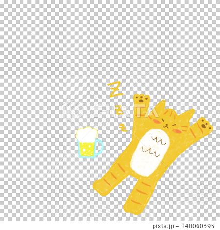 Summer beer is the best! A tabby cat sleeping after drinking beer - Summer illustration Summer beer is the best! A tabby cat sleeping after drinking beer - Summer illustration 140060395