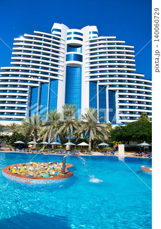 FUJAIRAH, UAE - November 16: Luxurious 5-star hotel Le Meridien Al Aqah Beach Resort on November 2, 2012 in Fujairah. FUJAIRAH, UAE - November 16: Luxurious 5-star hotel Le Meridien Al Aqah Beach Resort on November 2, 2012 in Fujairah. 140060729