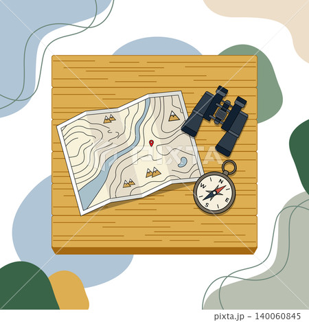 Adventure Exploration Concept with Map, Compass and Binoculars on Wooden Background Illustration 140060845