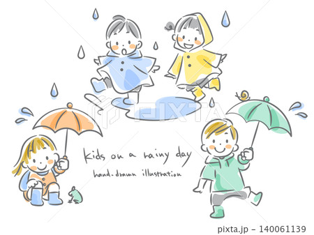 雨の日を楽しむ子どもたち　手描き水彩風のかわいい線画イラスト 140061139
