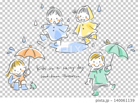雨の日を楽しむ子どもたち　手描き水彩風のかわいい線画イラスト 140061139