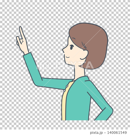 一位年輕女子側身向上指的插圖；上半身。 140061549