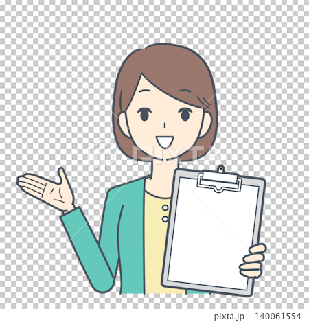 An illustration of a young woman in a yellow dress showing a clipboard while talking; upper body only. An illustration of a young woman in a yellow dress showing a clipboard while talking; upper body only. 140061554