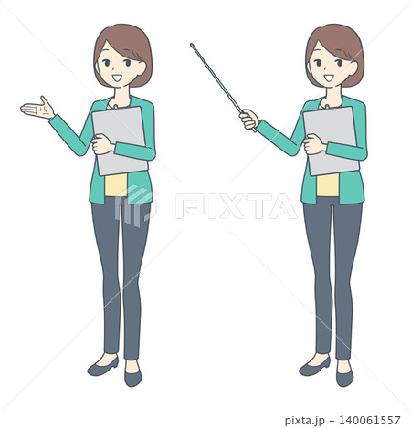 クリップボードを持って話す若い女性のイラスト 2種 クリップボードを持って話す若い女性のイラスト 2種 140061557