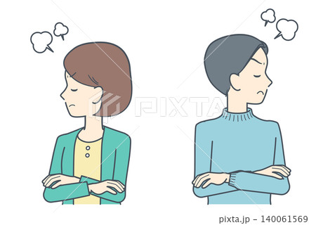 腕を組んでそっぽを向き、怒る若い男女のイラスト 腕を組んでそっぽを向き、怒る若い男女のイラスト 140061569