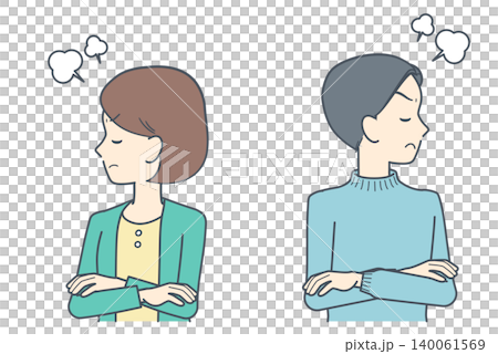 腕を組んでそっぽを向き、怒る若い男女のイラスト 腕を組んでそっぽを向き、怒る若い男女のイラスト 140061569