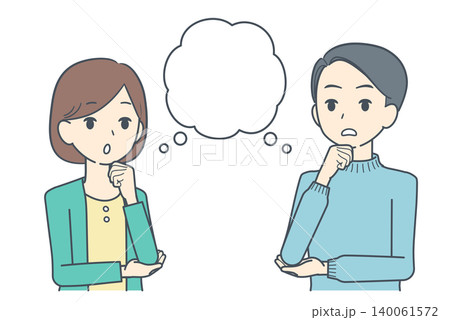 吹き出しとともに考え込む若い男女のイラスト 吹き出しとともに考え込む若い男女のイラスト 140061572