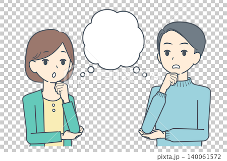 吹き出しとともに考え込む若い男女のイラスト 吹き出しとともに考え込む若い男女のイラスト 140061572