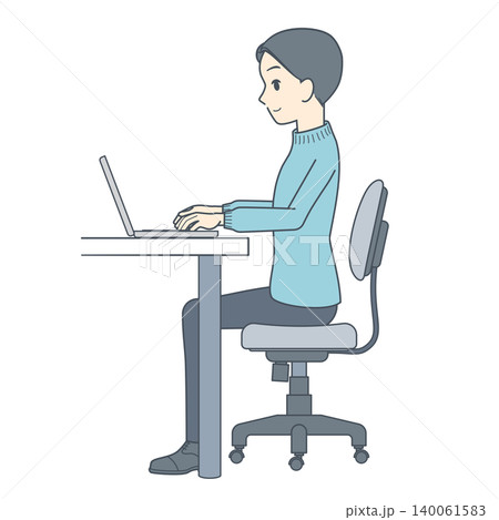 真横から見た、ノートパソコンで作業する若い男性のイラスト 真横から見た、ノートパソコンで作業する若い男性のイラスト 140061583