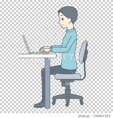 真横から見た、ノートパソコンで作業する若い男性のイラスト 真横から見た、ノートパソコンで作業する若い男性のイラスト 140061583
