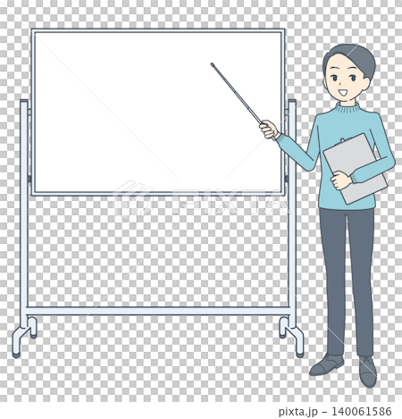 ホワイトボードの前で指示棒を持つ若い男性のイラスト ホワイトボードの前で指示棒を持つ若い男性のイラスト 140061586