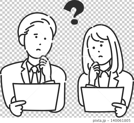 書類を持つビジネスパーソンとクエスチョンマークのイラスト　線画のみ 140061805