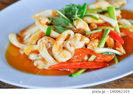 stir fried squid with vegetable, curry squid or squid salad stir fried squid with vegetable, curry squid or squid salad 140062103