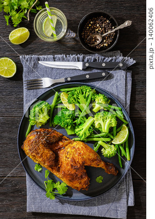 Keto Baked Chicken Half With Green Vegetables Side 140062406