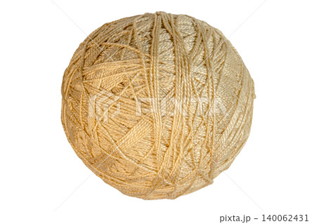 Large spherical ball of beige yarn wound with textured fibers Large spherical ball of beige yarn wound with textured fibers 140062431