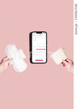 Smartphone with woman menstrual period calendar on pink background. Modern technologies for women Smartphone with woman menstrual period calendar on pink background. Modern technologies for women 140062506