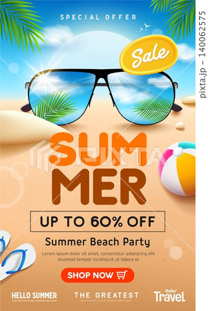 Summer Sale poster design, Sunglasses on sea beach background Summer Sale poster design, Sunglasses on sea beach background 140062575
