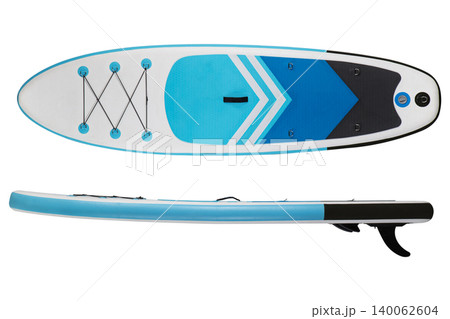 Horizontal view of inflatable SUP board top and side view isolated on white background. Blue stand up paddleboard for summer banner. Horizontal view of inflatable SUP board top and side view isolated on white background. Blue stand up paddleboard for summer banner. 140062604