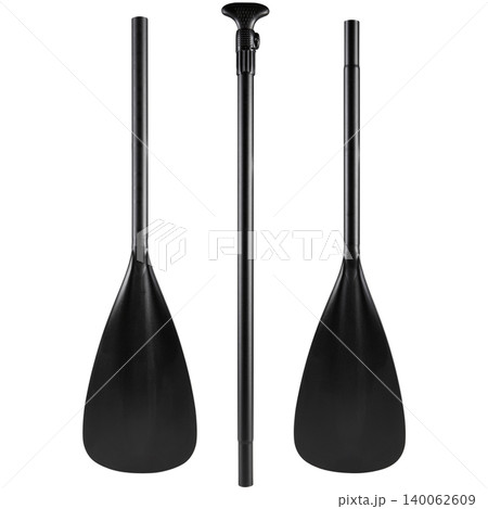 Black dual purpose 4-piece SUP paddle isolated on white background. Convertible stand up paddleboard and kayak oar components, studio shot. Black dual purpose 4-piece SUP paddle isolated on white background. Convertible stand up paddleboard and kayak oar components, studio shot. 140062609