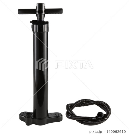 Black high pressure hand pump with hose for inflatable SUP board isolated on white background. Stand up paddleboard inflation pump, studio shot. 140062610