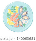 Mediterranean Seafood Plate with Shrimp Mussels and Lemon Isolated on Transparent Background 140063681