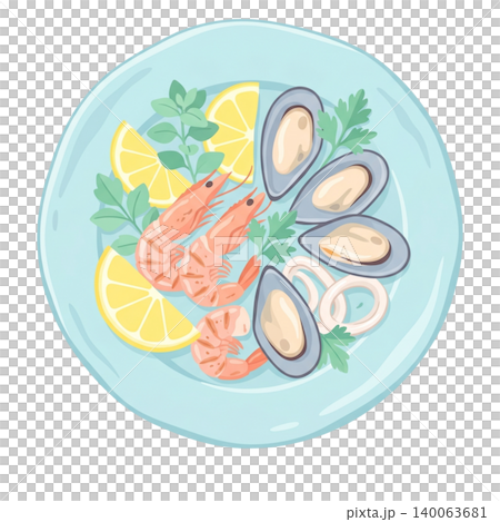 Mediterranean Seafood Plate with Shrimp Mussels and Lemon Isolated on Transparent Background Mediterranean Seafood Plate with Shrimp Mussels and Lemon Isolated on Transparent Background 140063681